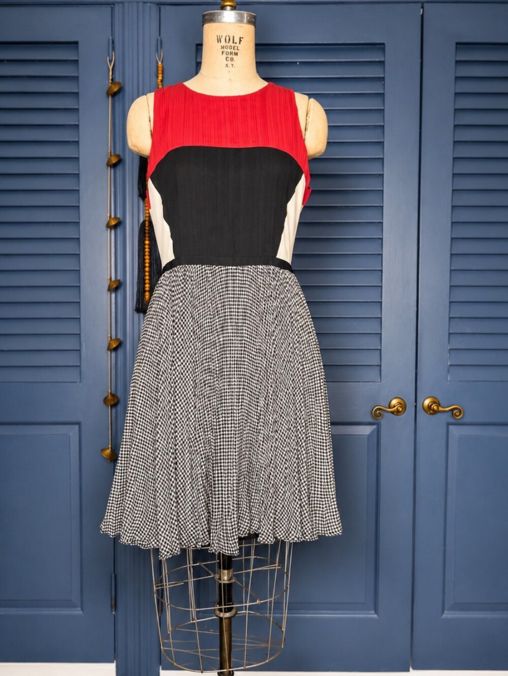 Anthropologie Greylin Margot Colorblock Pleated Dress Mini Red Black Gingham